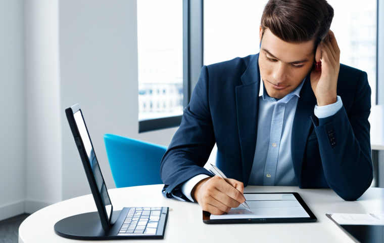 A professional individual in a modest business suit, seated at a modern, uncluttered desk in a brightly lit office. They are thoughtfully considering different word processing software options displayed on a tablet, symbolizing the choice between versatile tools and specialized applications. The background is a clean, contemporary workspace with subtle hints of collaborative elements. fully clothed, appropriate attire, safe for work, professional, perfect anatomy, correct proportions, natural pose, well-formed hands, proper finger count, natural body proportions.