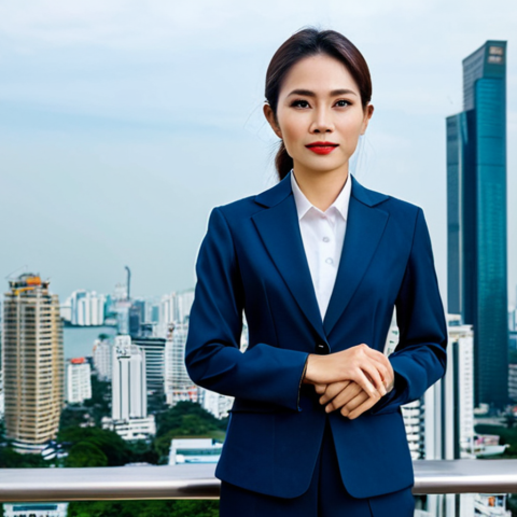 **

"A professional Thai businesswoman in a tailored, fully clothed, modest business suit, standing confidently in front of the Bangkok skyline, appropriate attire, safe for work, perfect anatomy, correct proportions, natural pose, professional photography, high quality."

**