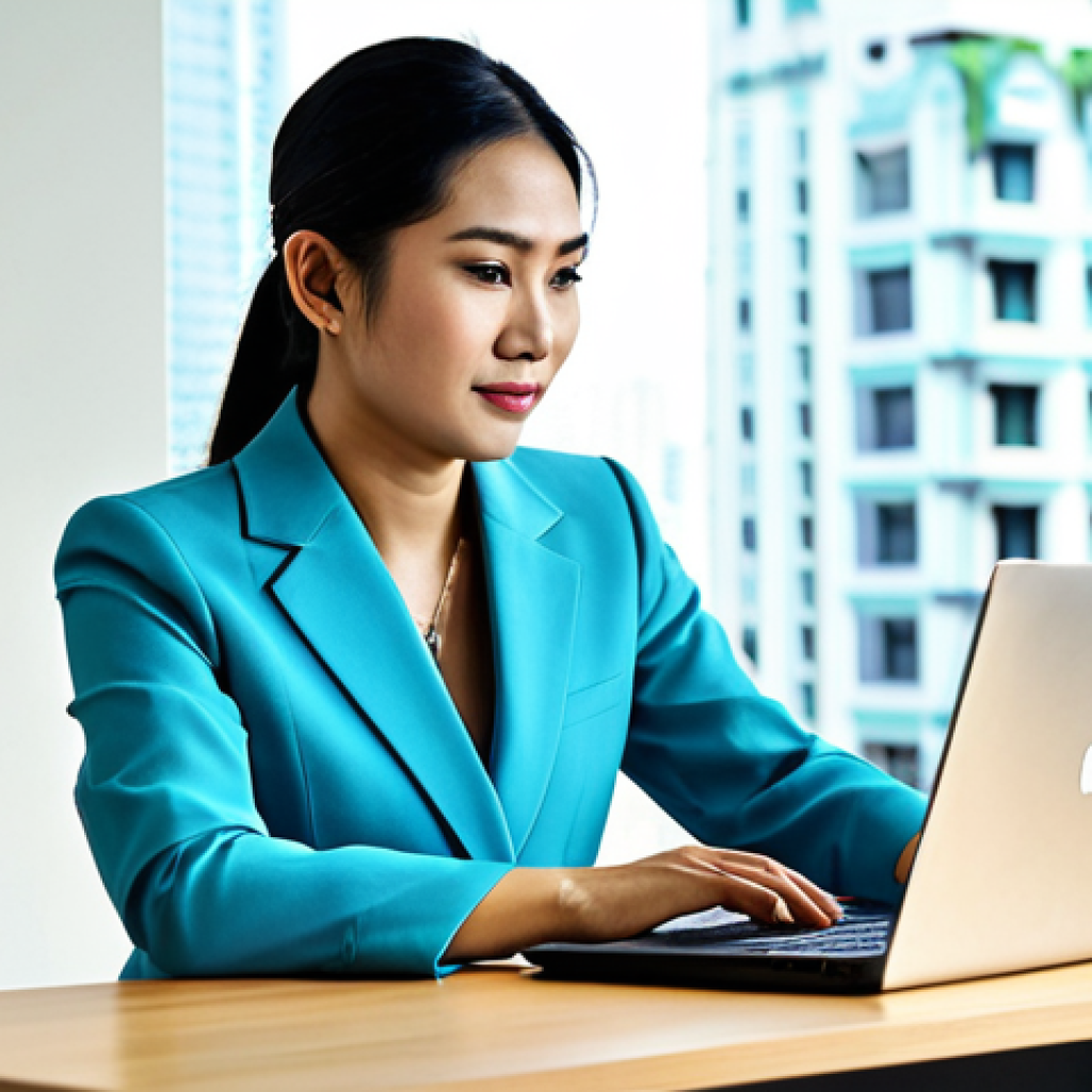 Professional Businesswoman**

"A professional Thai businesswoman in a modern, modest business suit, working on a laptop at a desk in a bright, contemporary Bangkok office. Fully clothed, appropriate attire, safe for work, perfect anatomy, natural proportions, professional photography, high quality."

**