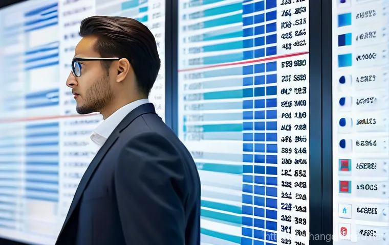 한글과 데이터 시각화 - **Prompt:** A young professional, appearing insightful and confident, stands in front of a large, tr...