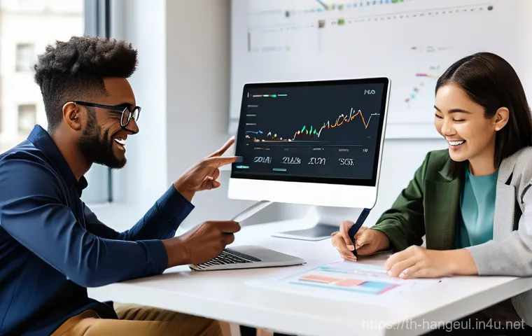 한글과 데이터 시각화 - **Prompt:** A young professional, appearing insightful and confident, stands in front of a large, tr...