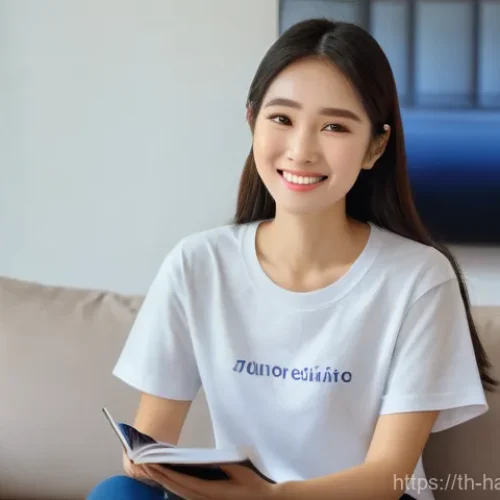 Home 26 한글과 한국 영화 자막 - A bright, cozy living room. A young Thai woman, about 20 years old, with long, dark hair, is comfort...