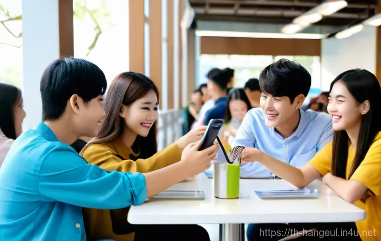 한글과 한국 영화 자막 - A bright, cozy living room. A young Thai woman, about 20 years old, with long, dark hair, is comfort...