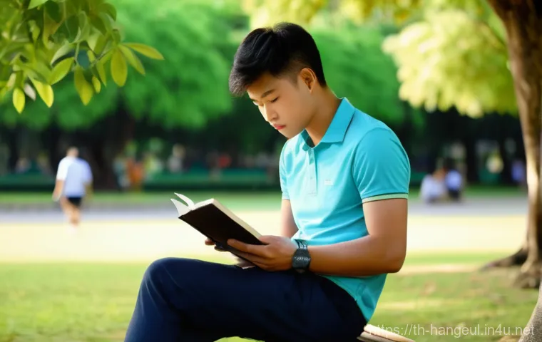 한글과 한국 영화 자막 - A lively, modern Thai university cafeteria during lunchtime. A group of four young Thai adults, two ...