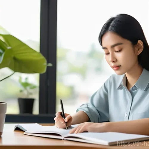 Home 25 한글 쓰기 교정법 - A young Thai woman, fully clothed in comfortable, modest casual attire, is seated at a clean wooden ...