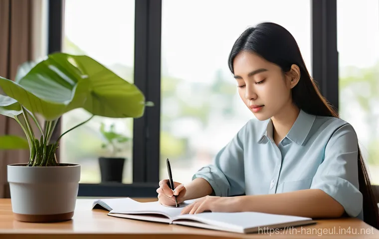 한글 쓰기 교정법 - A young Thai woman, fully clothed in comfortable, modest casual attire, is seated at a clean wooden ...