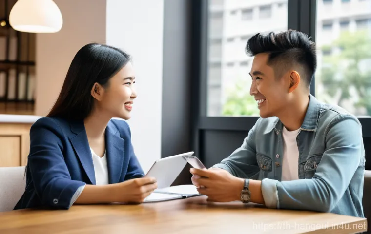한글 쓰기 교정법 - A Thai man, casually yet professionally dressed in a button-up shirt and trousers, is intensely focu...