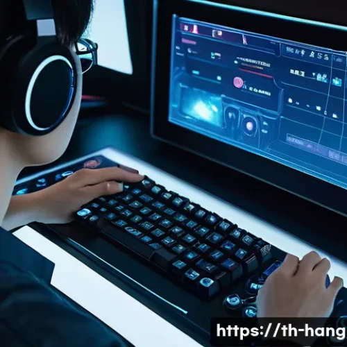 Home 24 한글과 게임 디자인 - A vibrant, futuristic video game interface seamlessly integrating beautifully designed Hangeul chara...