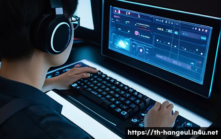 한글과 게임 디자인 - A vibrant, futuristic video game interface seamlessly integrating beautifully designed Hangeul chara...