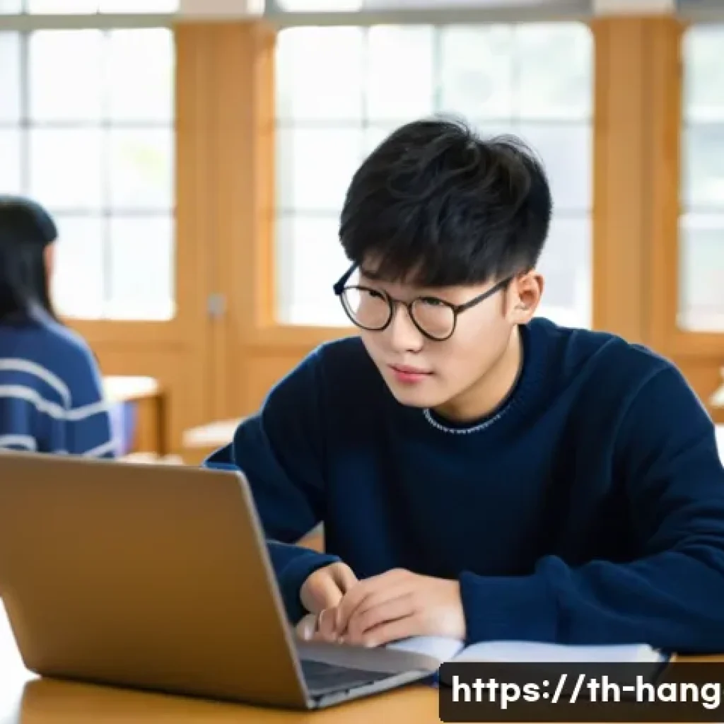 한글과 한자 혼용 사례 - **Prompt:** A young adult, around 20-25 years old, sits at a polished wooden desk in a brightly lit,...