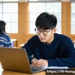 Home 17 한글과 한자 혼용 사례 - **Prompt:** A young adult, around 20-25 years old, sits at a polished wooden desk in a brightly lit,...