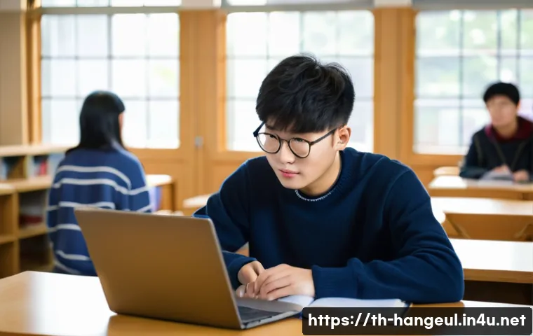 한글과 한자 혼용 사례 - **Prompt:** A young adult, around 20-25 years old, sits at a polished wooden desk in a brightly lit,...