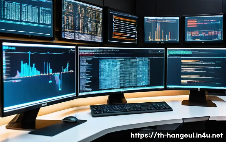 한글과 디지털 포렌식 - A detailed digital forensic analyst&rsquo;s workspace in a modern Thai cybersecurity office, showing multi...