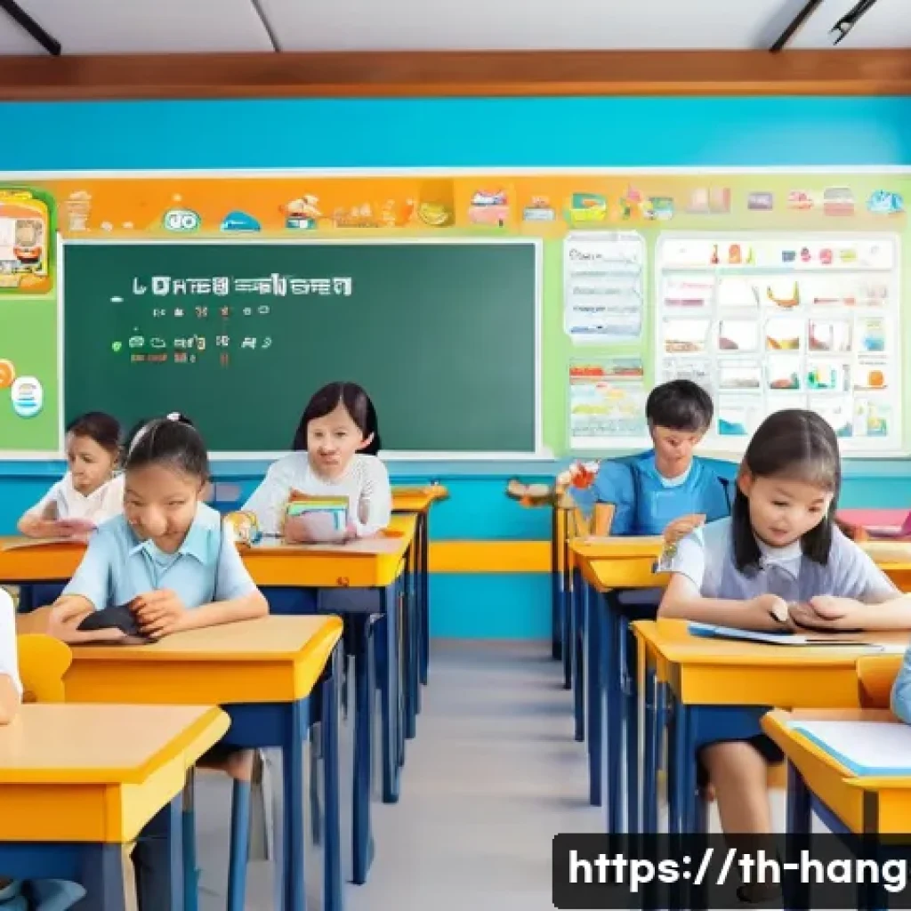 한글을 활용한 교육 콘텐츠 - A vibrant digital classroom scene set in Thailand, showing diverse Thai students of various ages usi...