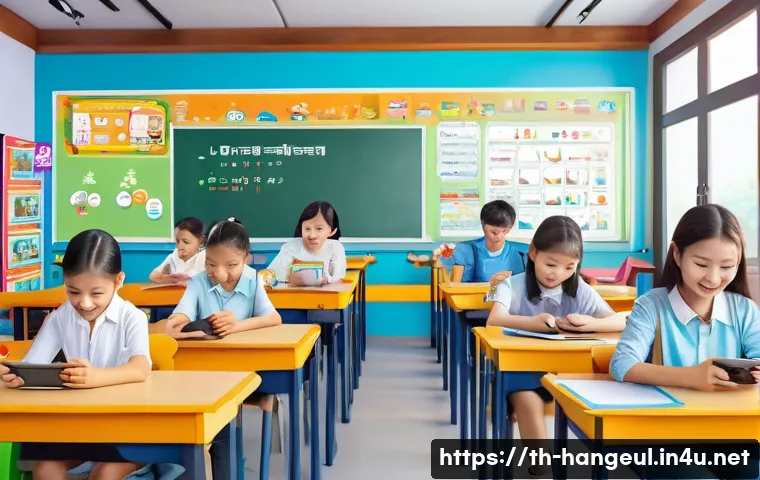 한글을 활용한 교육 콘텐츠 - A vibrant digital classroom scene set in Thailand, showing diverse Thai students of various ages usi...