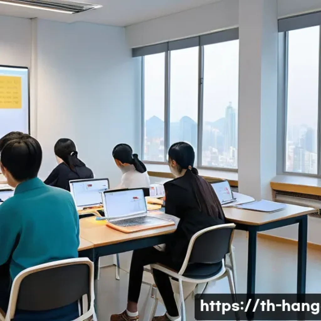 한글과 해외 한국어 교육 - A modern language school classroom in a multicultural urban setting, featuring a diverse group of ad...