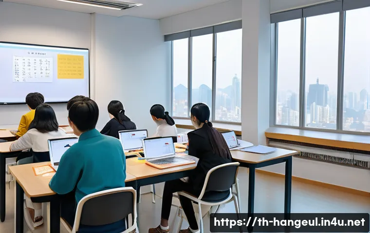한글과 해외 한국어 교육 - A modern language school classroom in a multicultural urban setting, featuring a diverse group of ad...