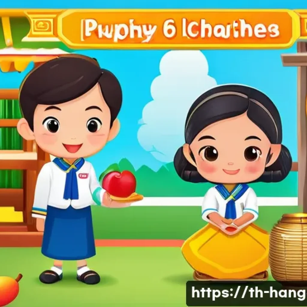 한글 학습 게임 개발 - A vibrant and colorful vocabulary matching game scene designed for young Thai children aged 6-12, fe...