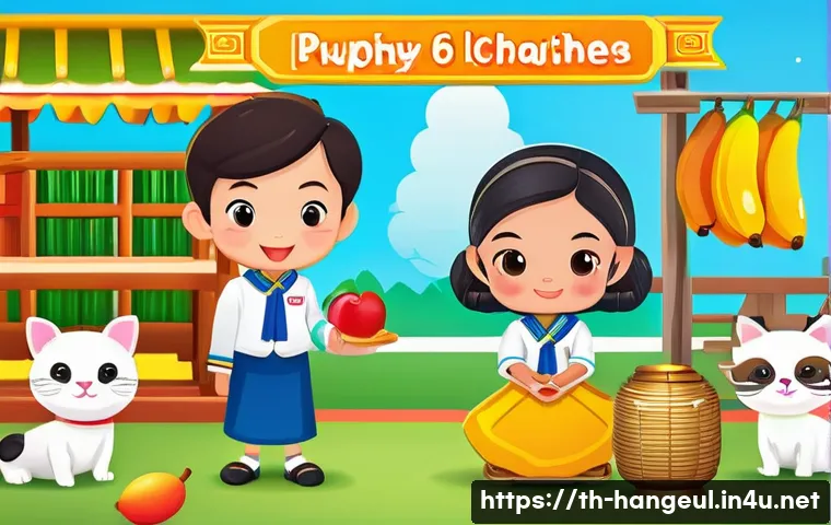 한글 학습 게임 개발 - A vibrant and colorful vocabulary matching game scene designed for young Thai children aged 6-12, fe...