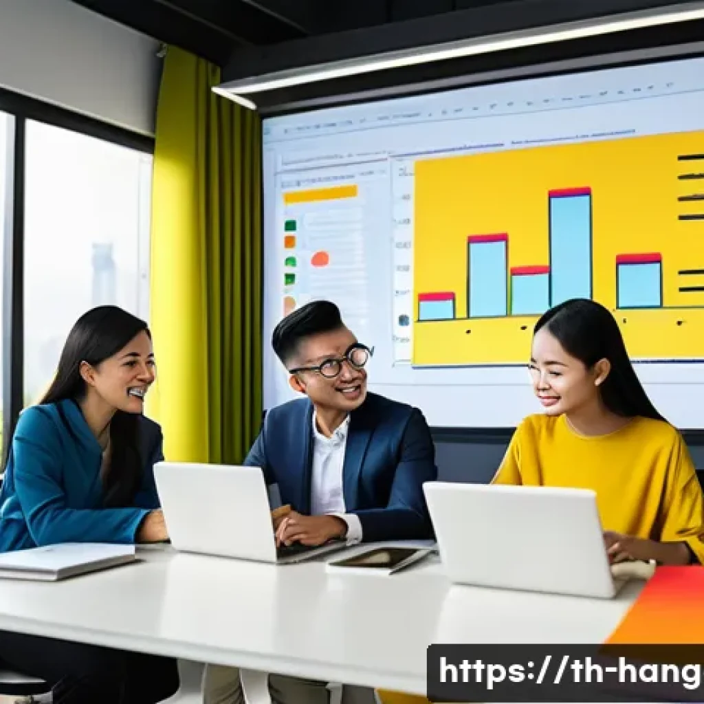 한글과 광고 카피 작성 - A modern Thai marketing team in a vibrant office setting, discussing detailed customer behavior anal...