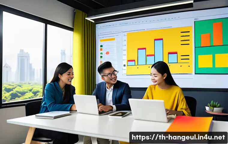 한글과 광고 카피 작성 - A modern Thai marketing team in a vibrant office setting, discussing detailed customer behavior anal...