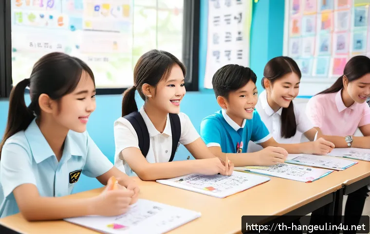 한글의 유네스코 등재 - A vibrant scene of young Thai students attending a Korean language class in Bangkok, modern classroo...