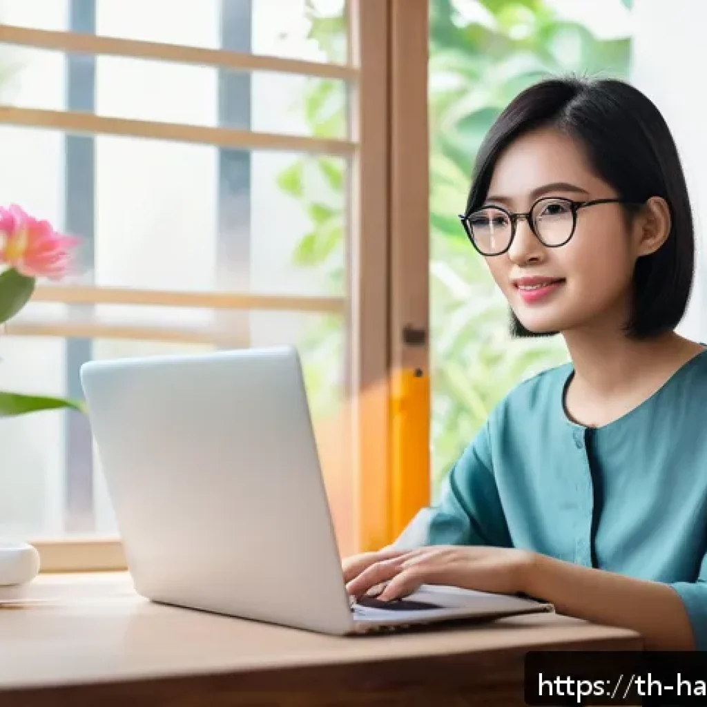 한글 입력기 종류 - A cozy home office scene in Thailand featuring a young Thai woman with short black hair, wearing cas...
