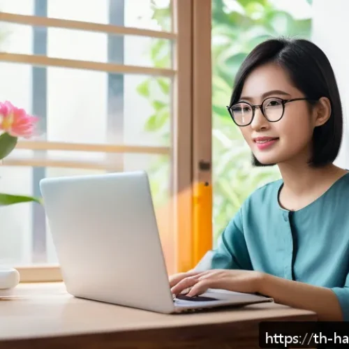 Home 33 한글 입력기 종류 - A cozy home office scene in Thailand featuring a young Thai woman with short black hair, wearing cas...