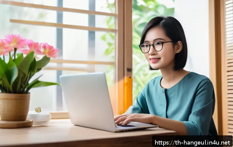한글 입력기 종류 - A cozy home office scene in Thailand featuring a young Thai woman with short black hair, wearing cas...