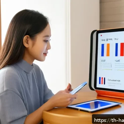 Home 32 한글과 스마트 교육 - A modern digital learning environment featuring a young Thai adult woman sitting comfortably at home...