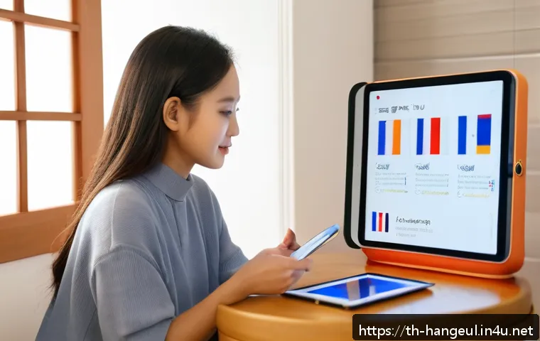 한글과 스마트 교육 - A modern digital learning environment featuring a young Thai adult woman sitting comfortably at home...