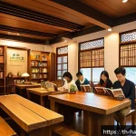 Home 19 한글과 한국 문학의 세계화 - A cozy Thai book café scene featuring diverse readers in casual modern attire, enjoying Korean liter...