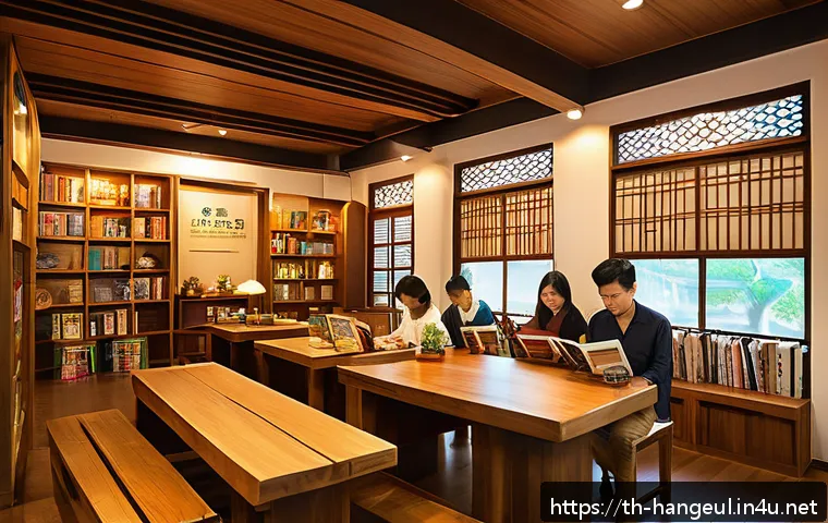 한글과 한국 문학의 세계화 - A cozy Thai book caf&eacute; scene featuring diverse readers in casual modern attire, enjoying Korean liter...