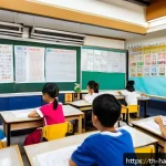 Home 23 한글과 언어학 연구 - A cozy modern classroom scene in Bangkok with Thai students attentively learning Korean language and...