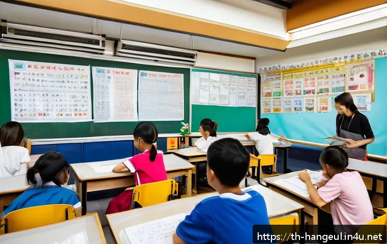 한글과 언어학 연구 - A cozy modern classroom scene in Bangkok with Thai students attentively learning Korean language and...