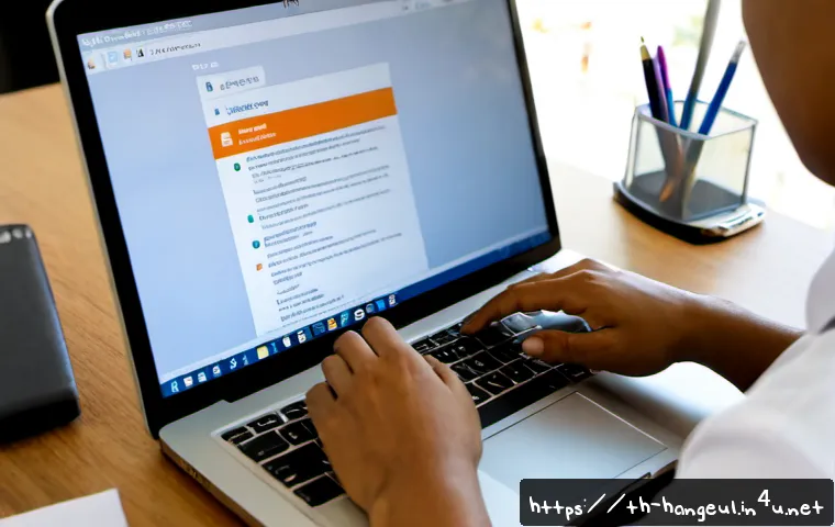 한글 파일 복구 방법 - Photorealistic Thai office worker recovering a corrupted digital document on a laptop, close-up over...