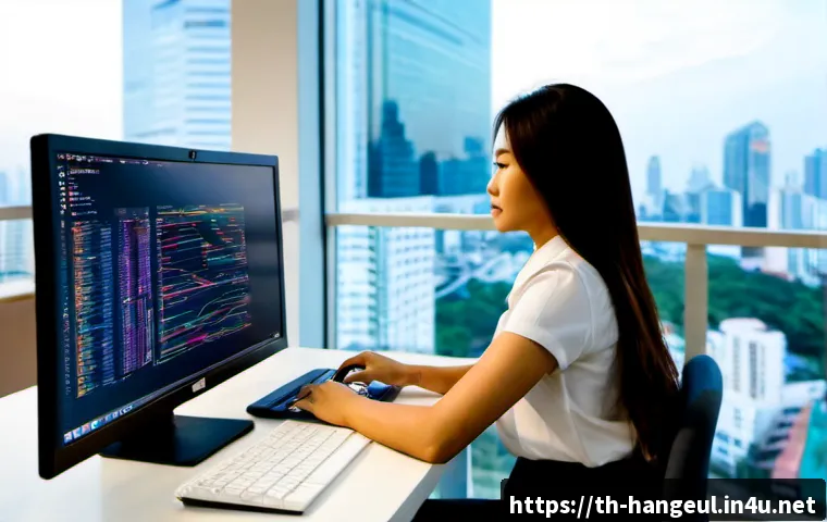 한글과 빅데이터 기술 - Photorealistic Thai data analyst working at a modern Bangkok office desk, viewing a large monitor wi...