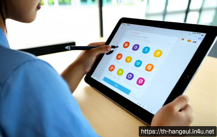 Home 29 한글과 IT 기술 접목 사례 - Photorealistic modern Bangkok library, a Thai university student using a tablet with a clean Hangul ...