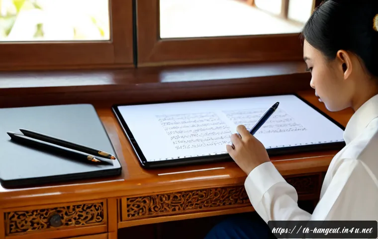 한글 전용 서체 개발 사례 - Photorealistic Thai typeface development workspace, Thai graphic designer reviewing elegant handwrit...